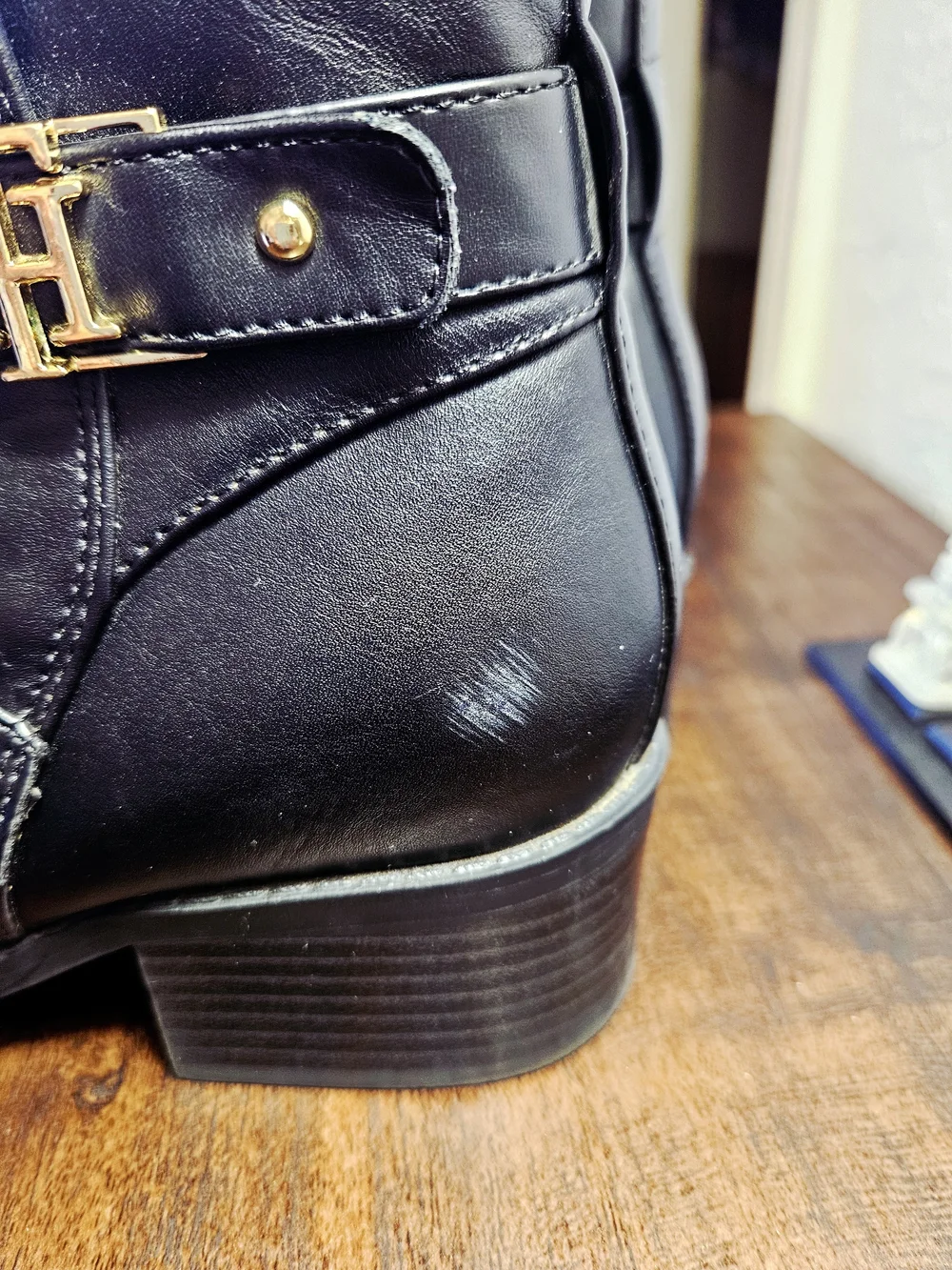 Tommy Hilfiger Black Leather Ankle Booties with Gold Logo Strap-Size 7